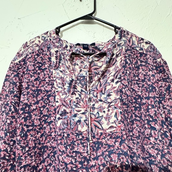 Chaps Blue & Pink Floral 3/4 Sleeve Tie Neck Boho Peasant Blouse Top Sz 2X - Picture 2 of 7
